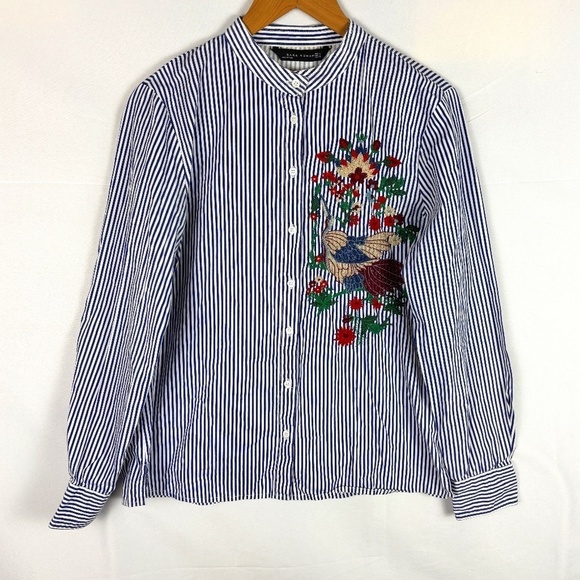 Zara Womens Striped Embroidered Button Down Shirt Sz M Long Sleeves Blue White - Picture 1 of 11